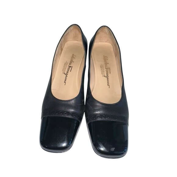 Salvatore Ferragamo Womens Square Patent Cap Toe Heels Size 8B Black Leather - Picture 2 of 12